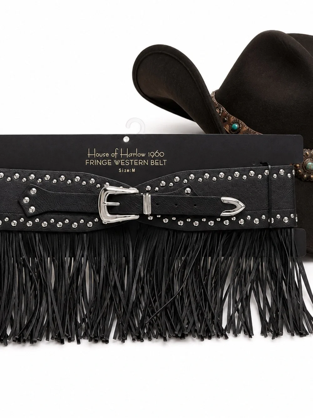 House of Harlow 1960 Black Fringe Belt Studded Boho Western Hippie Chic sz Small